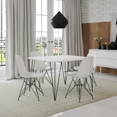 Mesa Sala De Jantar Industrial Clips Quadrada Branca 90 Com 4 Cadeiras Eiffel Brancas De Ferro Preto