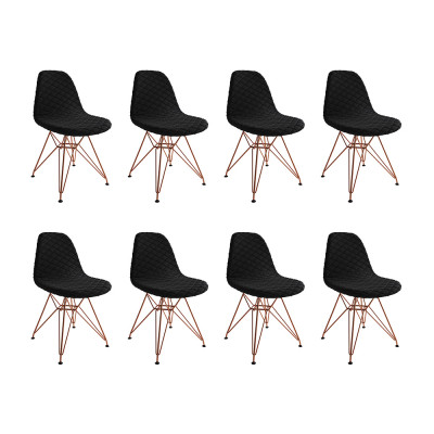 Kit 8 Cadeiras Jantar Eames Eiffel Estofadas Preto Base Cobre
