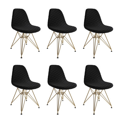 Kit 6 Cadeiras Jantar Eames Eiffel Estofadas Preto Base Dourado