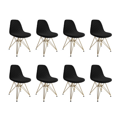 Kit 8 Cadeiras Jantar Eames Eiffel Estofadas Preto Base Dourado