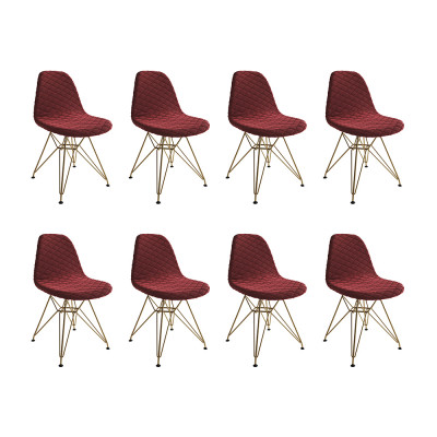 Kit 8 Cadeiras Jantar Eames Eiffel Estofadas Vermelho Base Dourado