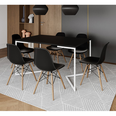 Mesa Jantar Industrial Retangular Preta 137x90cm Base V Ferro Branco Com 6 Cadeiras Preta Eames Madeira