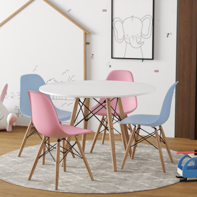 Conjunto De Mesa Eames Eiffel Madeira Infantil 60cm Redondo Branco 2 Cadeiras Azul E 2 Rosa