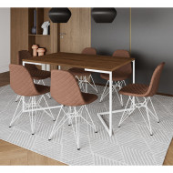 Mesa Industrial Retangular Amêndoa Base V 137x90cm 6 Cadeiras Estofadas Eames Caramelo Aço Branco