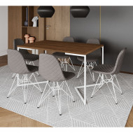 Mesa Industrial Retangular Amêndoa Base V 137x90cm 6 Cadeiras Estofadas Eames Grafite Aço Branco 