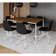 Mesa Industrial Retangular Amêndoa Base V 137x90cm 6 Cadeiras Estofadas Eames Pretas Aço Branco