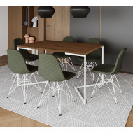 Mesa Industrial Retangular Amêndoa Base V 137x90cm 6 Cadeiras Estofadas Eames Verdes Aço Branco 
