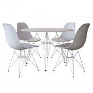Sala De Jantar Mesa Eames Redonda Vidro 90cm Base Ferro Branco Com 4 Cadeiras Brancas