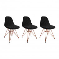 Kit 3 Cadeiras Jantar Eames Eiffel Estofadas Preto Base Cobre