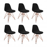 Kit 6 Cadeiras Jantar Eames Eiffel Estofadas Preto Base Cobre