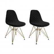 Kit 2 Cadeiras Jantar Eames Eiffel Estofadas Preto Base Dourado