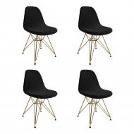 Kit 4 Cadeiras Jantar Eames Eiffel Estofadas Preto Base Dourado