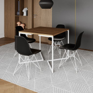 Mesa Industrial Quadrada Jantar Amêndoa 90cm Base V Com 4 Cadeiras Pretas Eames Eiffel Ferro Branco