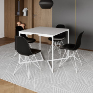 Mesa Industrial Quadrada Jantar Branca 90cm Base V Com 4 Cadeiras Pretas Eames Eiffel Ferro Branco