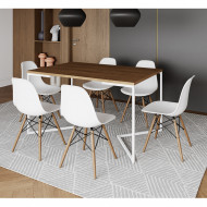 Mesa Jantar Industrial Retangular Amêndoa 137x90cm Base V Ferro Branco Com 6 Cadeiras Branca Eames Madeira