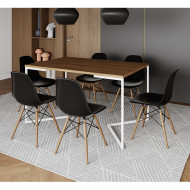 Mesa Jantar Industrial Retangular Amêndoa 137x90cm Base V Ferro Branco Com 6 Cadeiras Preta Eames Madeira