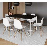 Mesa Jantar Industrial Retangular Preta 137x90cm Base V Ferro Branco Com 6 Cadeiras Branca Eames Madeira