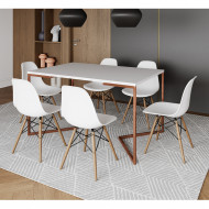 Mesa Jantar Industrial Retangular Branca 137x90cm Base V Cobre Com 6 Cadeiras Eames Eiffel Brancas Madeira