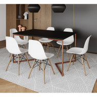 Mesa Jantar Industrial Retangular Preta 137x90cm Base V Cobre Com 6 Cadeiras Eames Eiffel Brancas Madeira