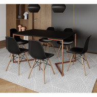 Mesa Jantar Industrial Retangular Preta 137x90cm Base V Cobre Com 6 Cadeiras Eames Eiffel Pretas Madeira