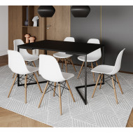 Mesa Jantar Industrial Retangular Preta 137x90cm Base V Ferro Preto Com 6 Cadeiras Branca Eames Madeira