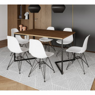 Mesa Industrial Jantar Retangular 137x90cm Amêndoa Base V Com 6 Cadeiras Eames Eiffel Brancas Ferro Preto