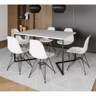 Mesa Industrial Jantar Retangular 137x90cm Branca Base V Com 6 Cadeiras Eames Eiffel Brancas Ferro Preto