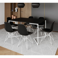 Mesa Industrial Jantar Retangular 137x90cm Preta Base V Com 6 Cadeiras Eames Eiffel Pretas Ferro Branco