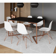 Mesa Jantar Industrial Retangular 137x90cm Preta Base V Com 6 Cadeiras Eames Eiffel Brancas Base Cobre