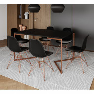 Mesa Jantar Industrial Retangular 137x90cm Preta Base V Com 6 Cadeiras Eames Eiffel Pretas Base Cobre