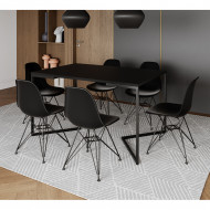 Mesa Industrial Jantar Retangular 137x90cm Preta Base V Com 6 Cadeiras Eames Eiffel Pretas Ferro Preto