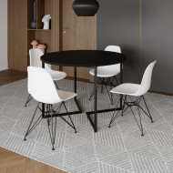 Mesa Industrial Jantar Redonda Preta 110cm Base V Com 4 Cadeiras Eames Brancas Ferro Preto