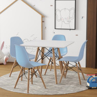 Conjunto De Mesa Eames Eiffel Madeira Infantil 60cm Quadrado Branco 4 Cadeiras Azul
