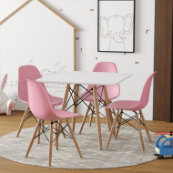 Conjunto De Mesa Eames Eiffel Madeira Infantil 60cm Quadrado Branco 4 Cadeiras Rosa