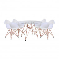 Conjunto Jantar Mesa Redonda Vidro Eames Eiffel 90cm Com 4 Poltronas Brancas Ferro Cobre