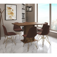 Mesa Jantar Londres Retangular Amêndoa 137x90cm 6 Cadeiras Estofadas Caramelo Base Dourado