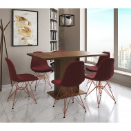 Mesa Jantar Londres Retangular Amêndoa 137x90cm 6 Cadeiras Estofadas Vermelho Base Cobre