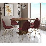 Mesa Jantar Londres Retangular Amêndoa 137x90cm 6 Cadeiras Estofadas Vermelho Base Dourado