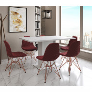 Mesa Jantar Londres Retangular Branca 137x90 6 Cadeiras Estofadas Vermelho Base Cobre