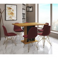 Mesa Jantar Londres Retangular Canela 137x90 Base Preta 6 Cadeiras Estofadas Vermelho Base Dourado