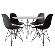 Conjunto Mesa Jantar Eames Redonda Preta 90cm Com 4 Cadeira Brancas Base Ferro Preto