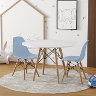 Conjunto De Mesa Eames Eiffel Madeira Infantil 60cm Redondo Branco 2 Cadeiras Azul