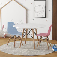 Conjunto De Mesa Eames Eiffel Madeira Infantil 60cm Redondo Branco 1 Cadeira Azul 1 Cadeira Rosa