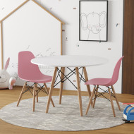 Conjunto De Mesa Eames Eiffel Madeira Infantil 60cm Redondo Branco 2 Cadeiras Rosa