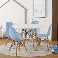 Conjunto De Mesa Eames Eiffel Madeira Infantil 60cm Redondo Branco 4 Cadeiras Azul